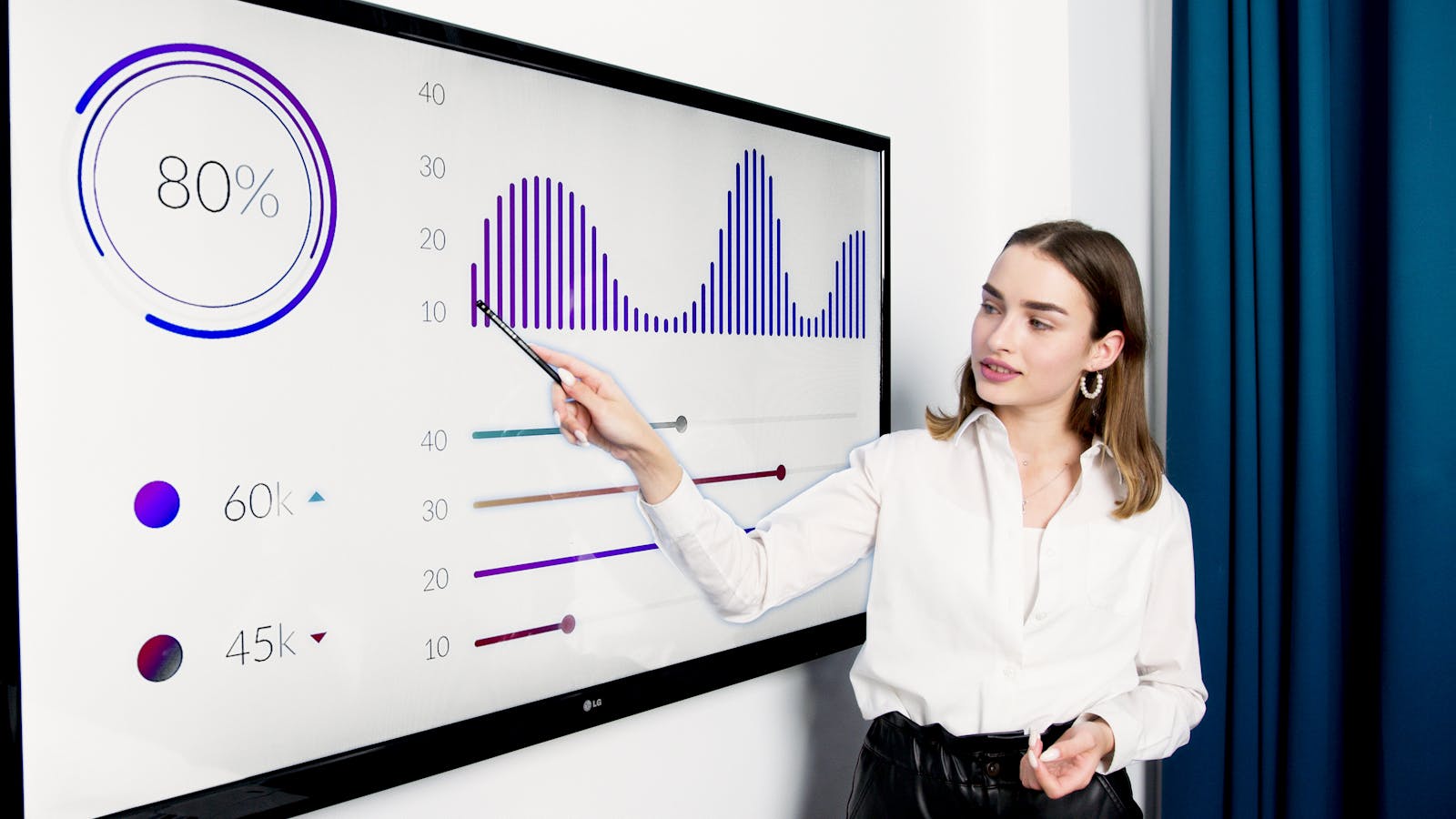 Photo by Artem Podrez Businesswoman presenting data on a large digital screen in a modern office setting.